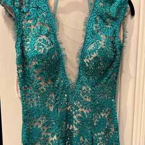 Jovani teal sleeveless lace dress with rhinestones